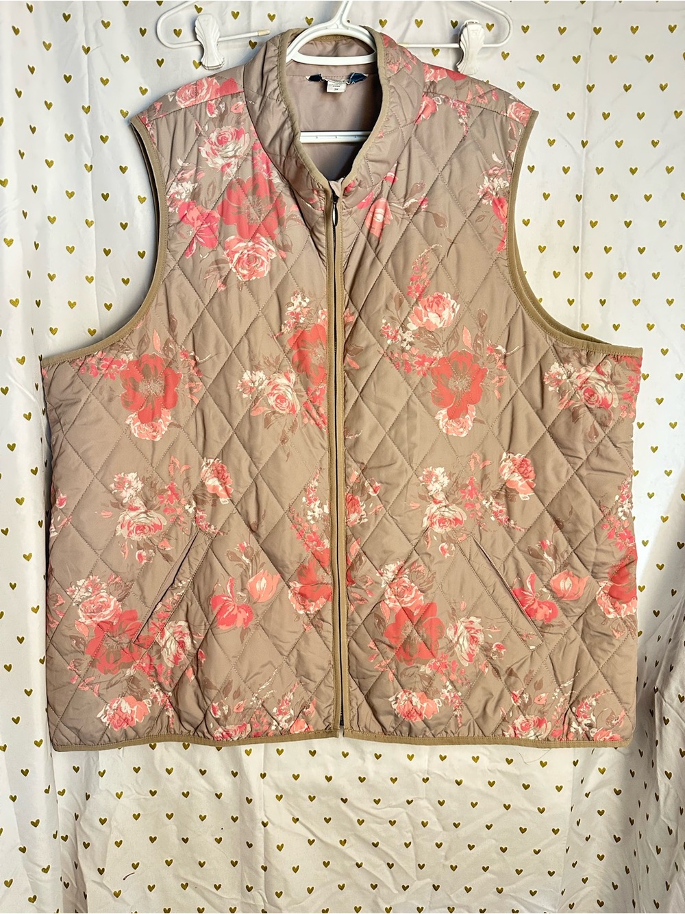 Cold water Creek Quilted Floral Zip-Front Vest - Taupe/Coral 3X